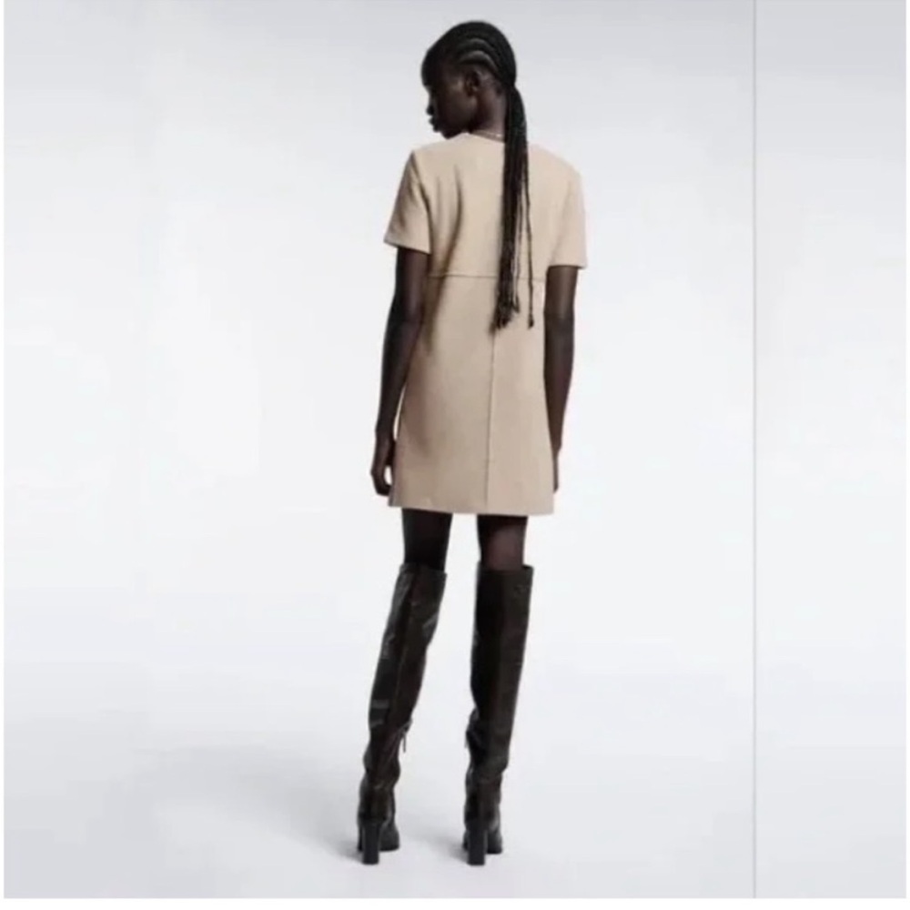 Zara Camel Mod Mini Dress Large Neutral Beige Shift Short Sleeve Retro Blogger - Picture 3 of 5